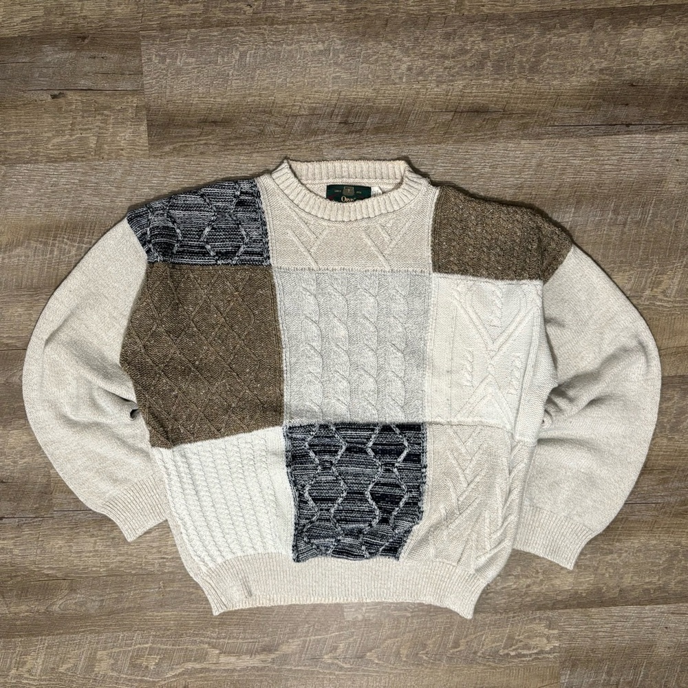 Orvis Cable Knit Fisherman Sweater Men's L Made in USA Beige Neutral Vintage